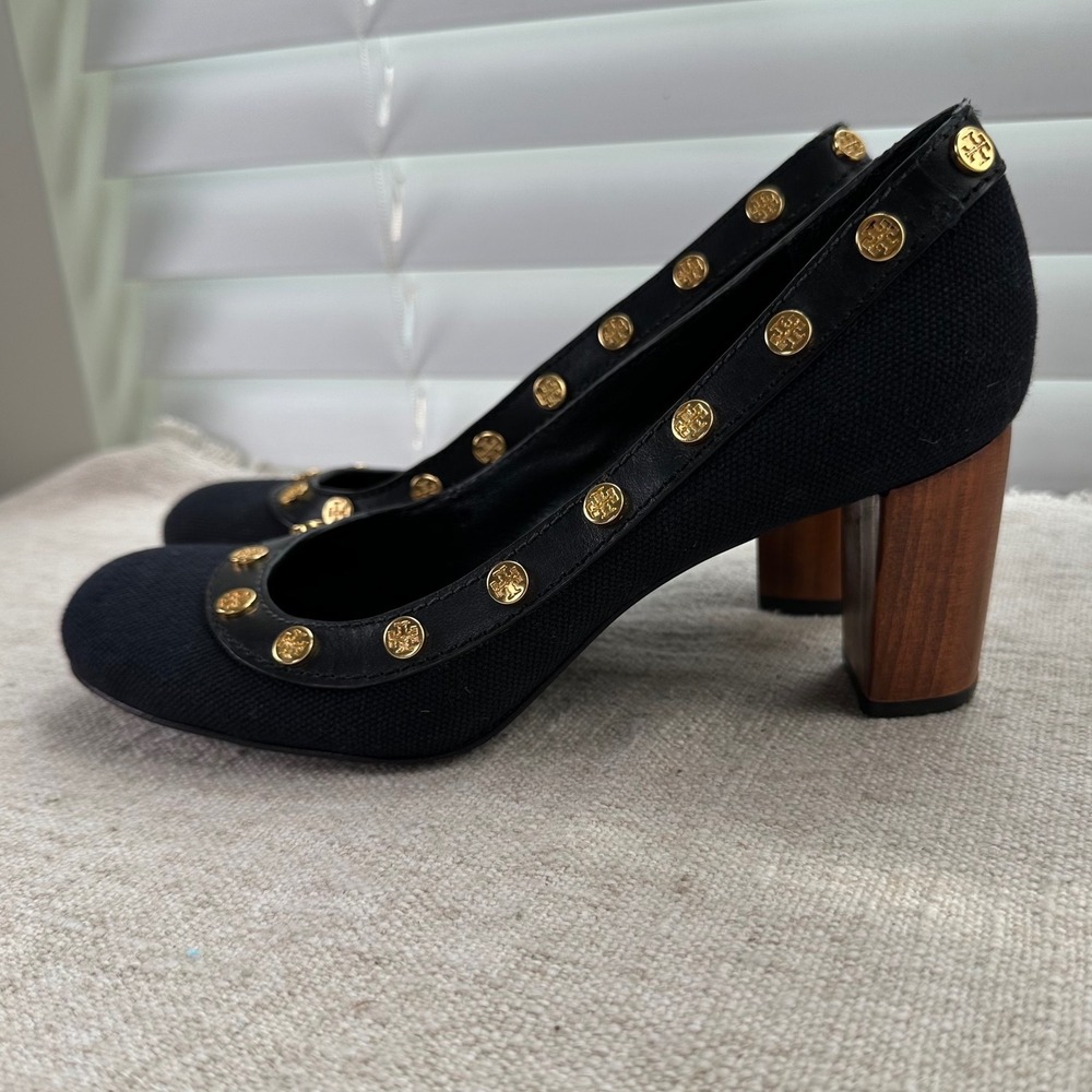 Tory Burch Black Canvas Leather Logo Medallion Block Heel Pumps Womens 6M